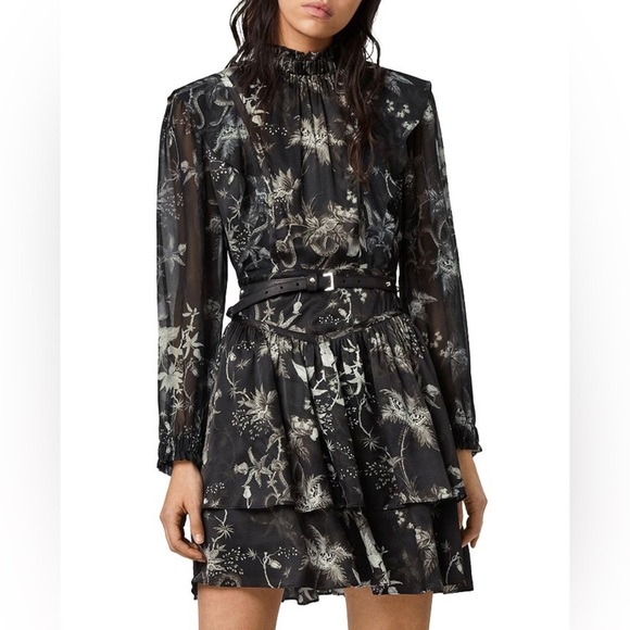 AllSaints Aislyn Evolution monochrome print ruffles moth skeleton mini dress 0 - Picture 12 of 12